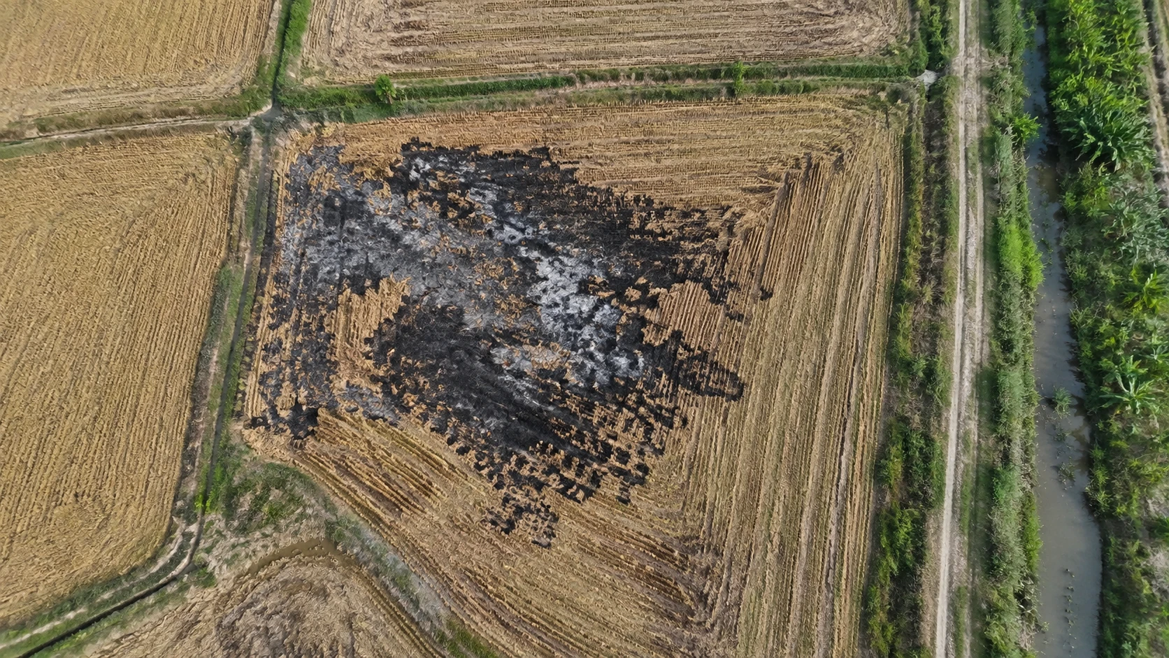 焚烧黑斑识别：独立无人机航拍与红色目标标注示意