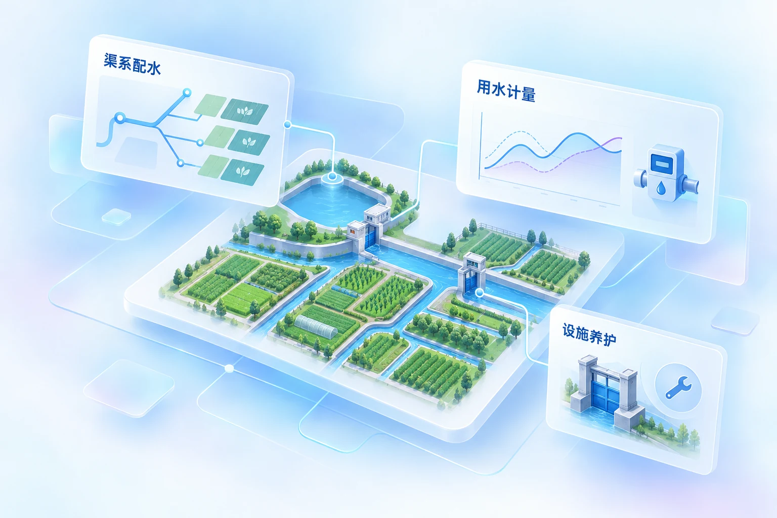 现代化灌区：渠系配水、用水计量、设施运维业务示意