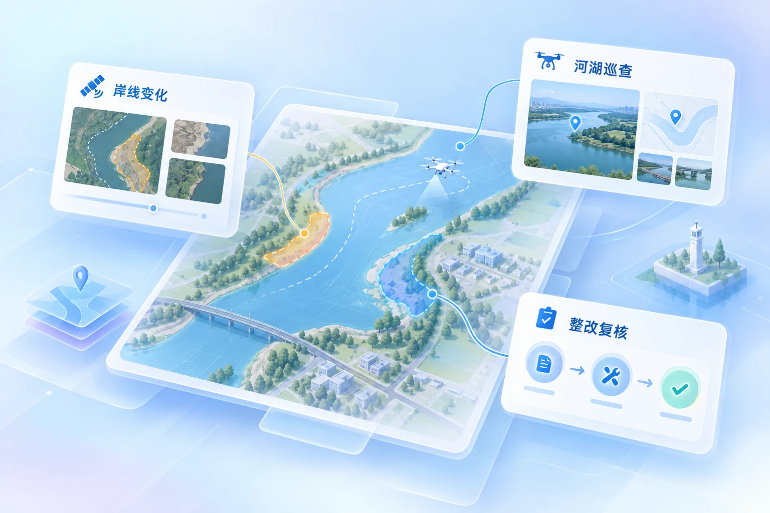 智慧河湖监管：河湖巡查、岸线监管、整改销号业务示意