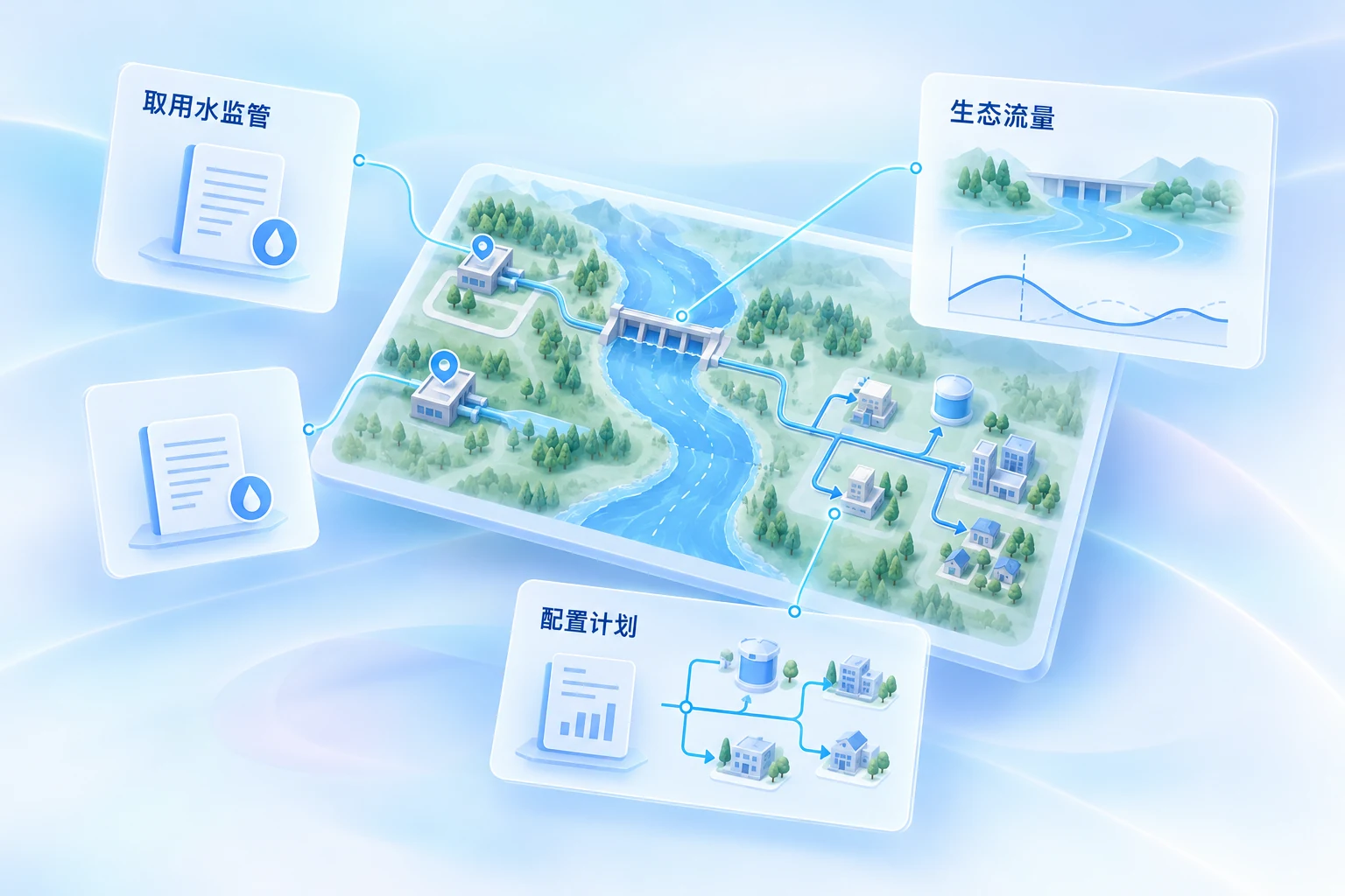 水资源调配与管理：取用水监管、生态流量、配置评估业务示意